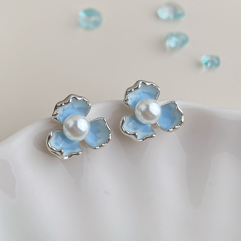Wholesale Copper Blue Enamel Drip-Glazed Flower Earrings,  Fresh Floral Pearl Studs,  Fashion Accessory