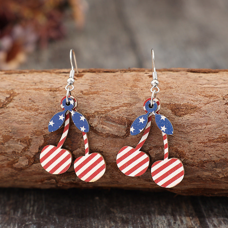 Wholesale American Independence Day Cherry-shaped Five-pointed Star Vintage Wooden Earrings
