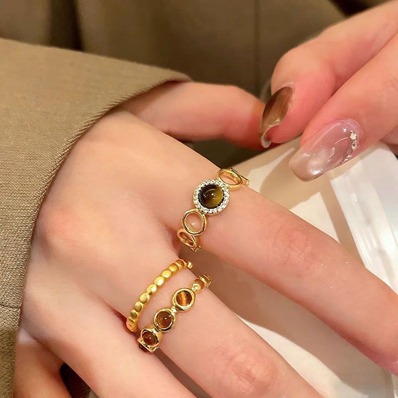 Wholesale Maillard Style Light Luxury Retro Gold Ring with Tiger' s Eye and Zircon