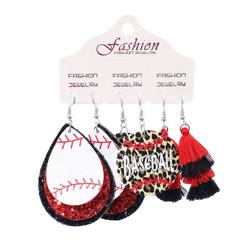 Wholesale 2 Sets Christmas Independence Day Football Rugby Softball Multi-layer Tassel Cheerleading PU Leather Earrings Set ACC-ES-HY128