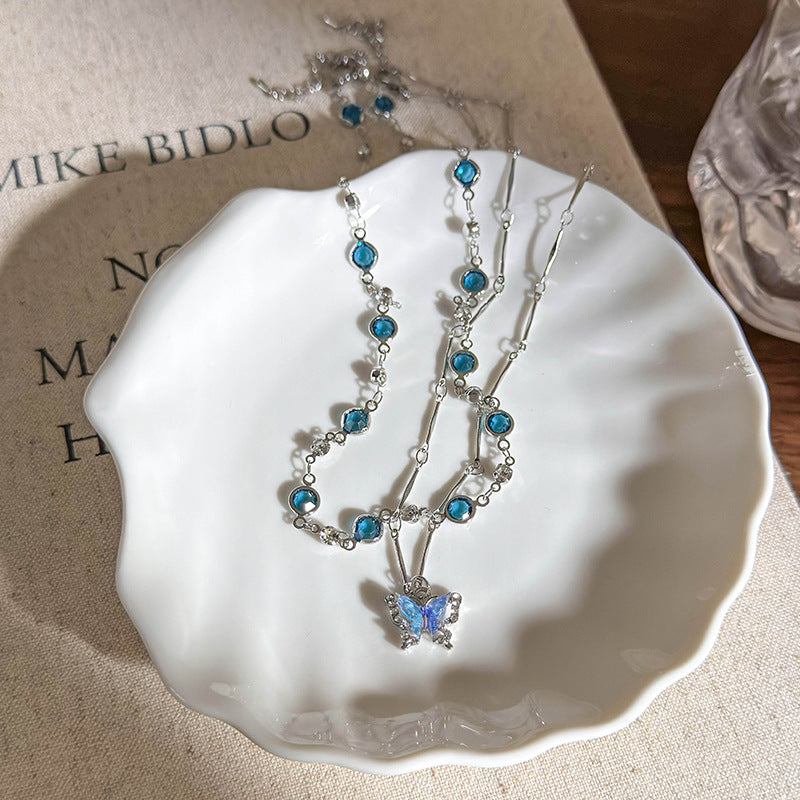Wholesale Blue Double Layer Butterfly Necklace