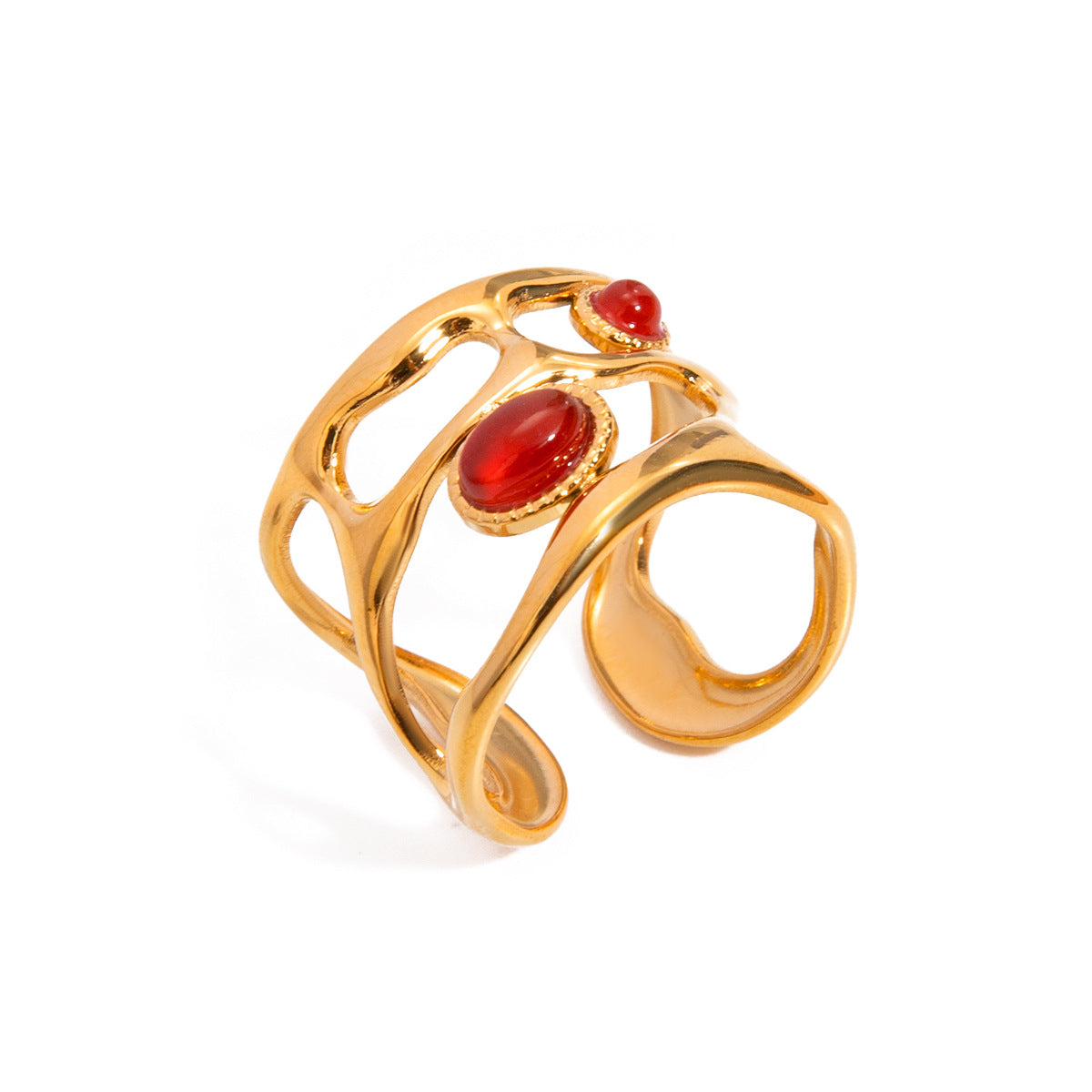 Wholesale luxury 18K gold stainless steel red agate hollow opening ring