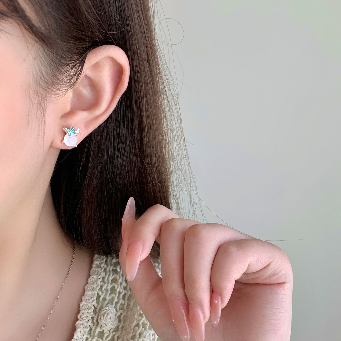 Wholesale Small fresh and sweet oil-drop butterfly cat' s eye stone round ball earrings