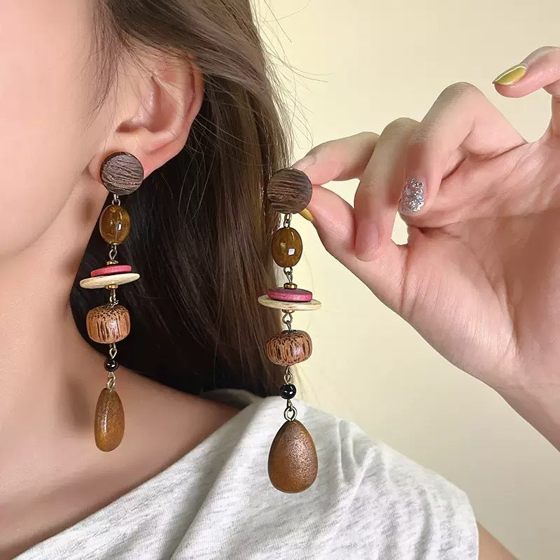 Wholesale Stylish Wooden Geometric Earrings Handmade New Chinese Style Fashion Accessory