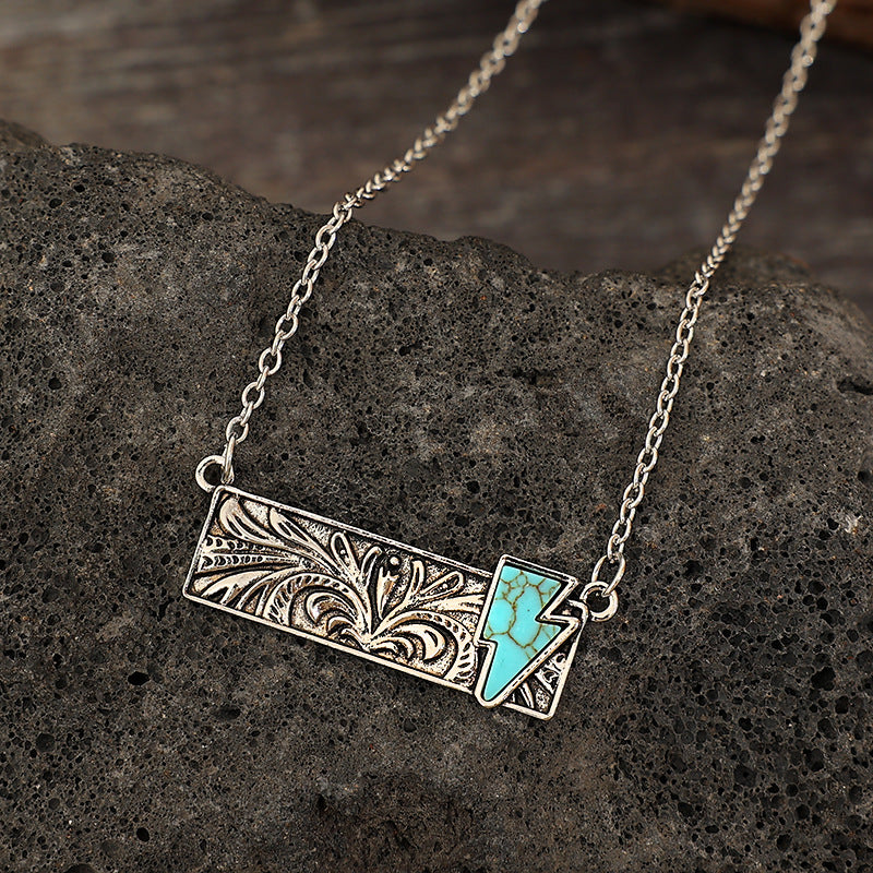 Wholesale Vintage square turquoise cactus lightning cross cowboy boots necklace