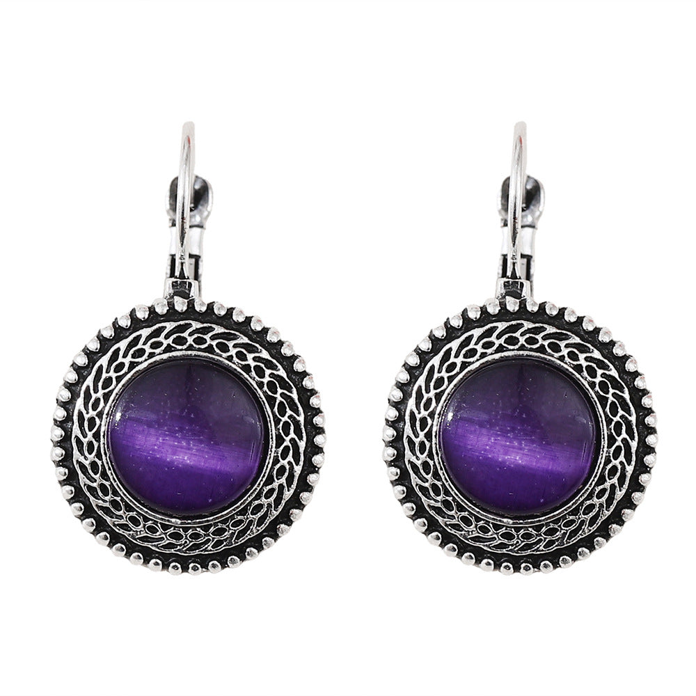 Wholesale Bohemian Retro Oval Jeweled Earrings Blue Electroplated Zinc Alloy Pair Trendy Party Gift And Boutique Resale Accessory