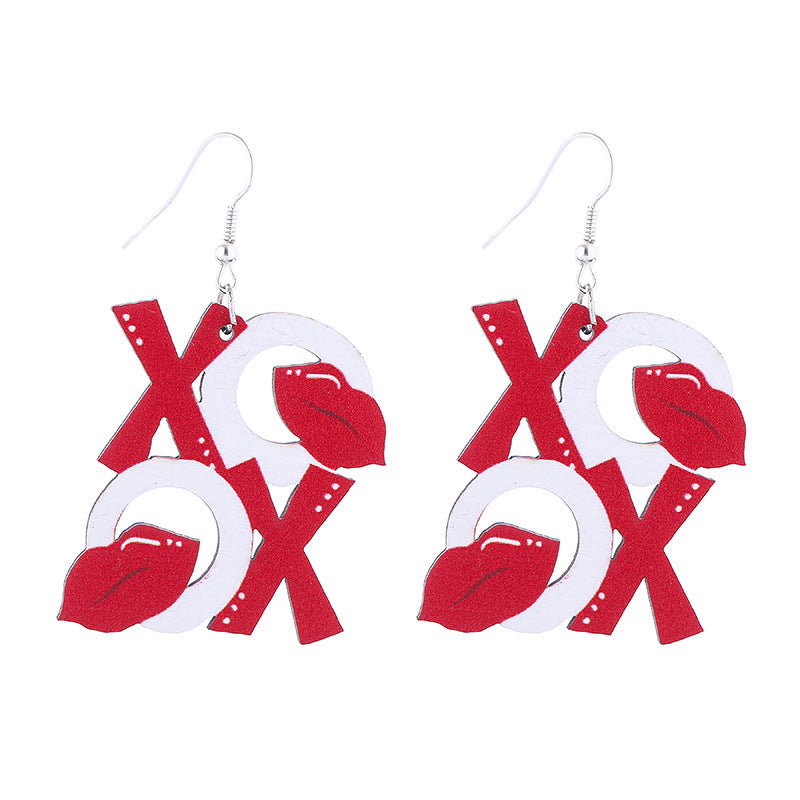Wholesale  wooden Valentine's Day earrings  lips pink love xoxo letter earrings