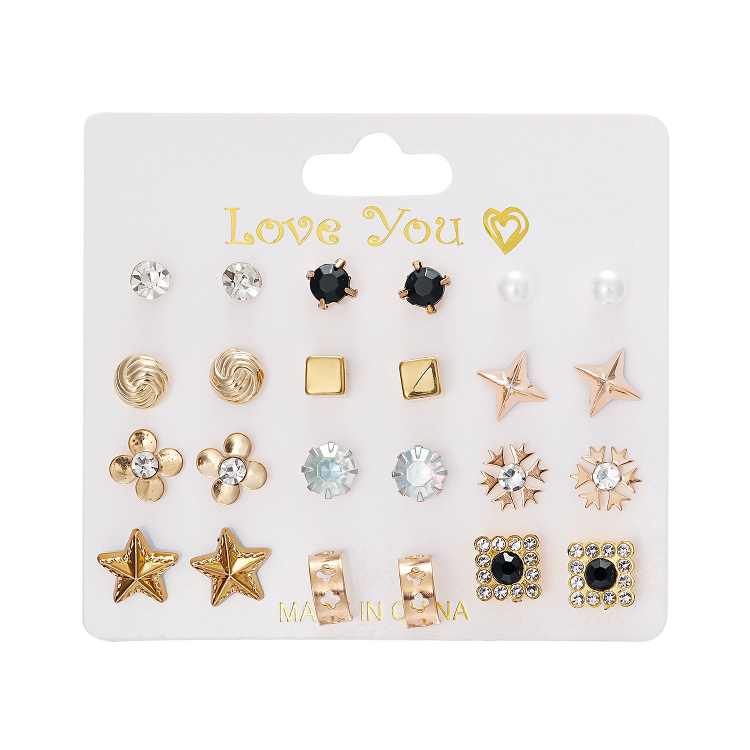 Wholesale month combination earrings 12 pairs of flowers love stars and moon diamond  earrings suit