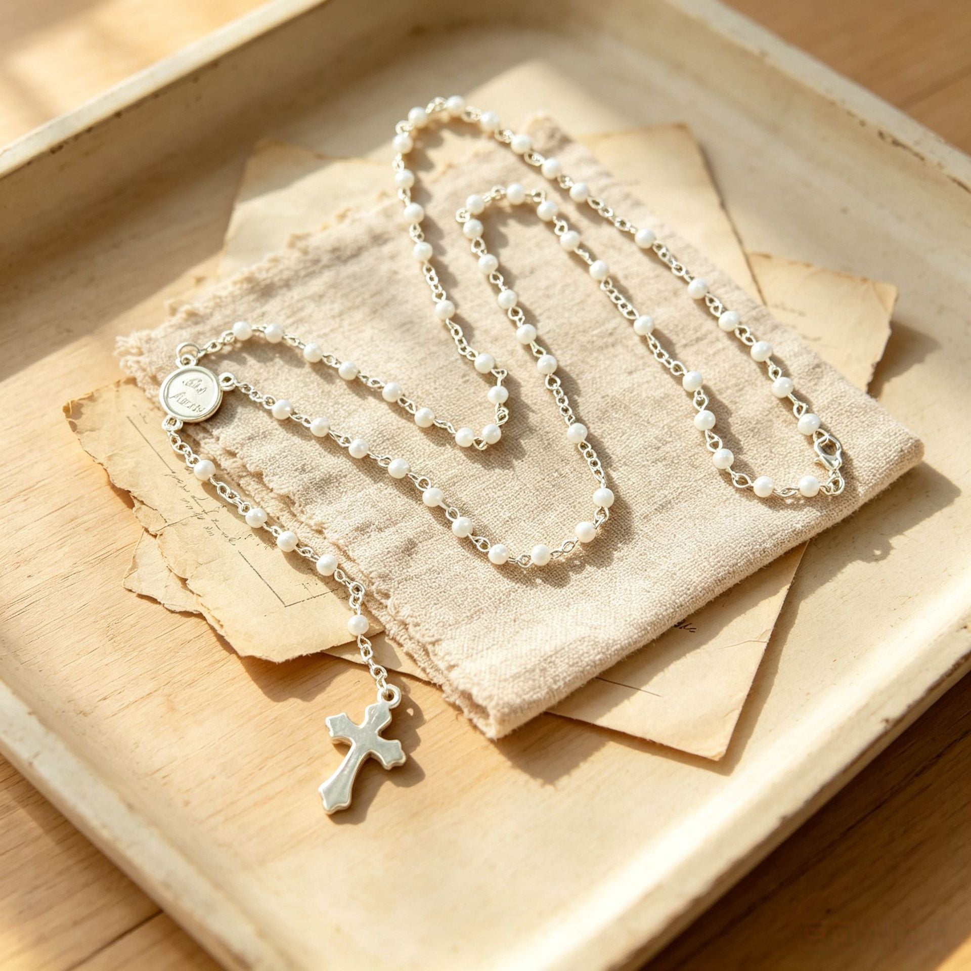 Wholesale Vintage Cross Imitation Pearl Rosary Necklace Fashion Accessory for Layering