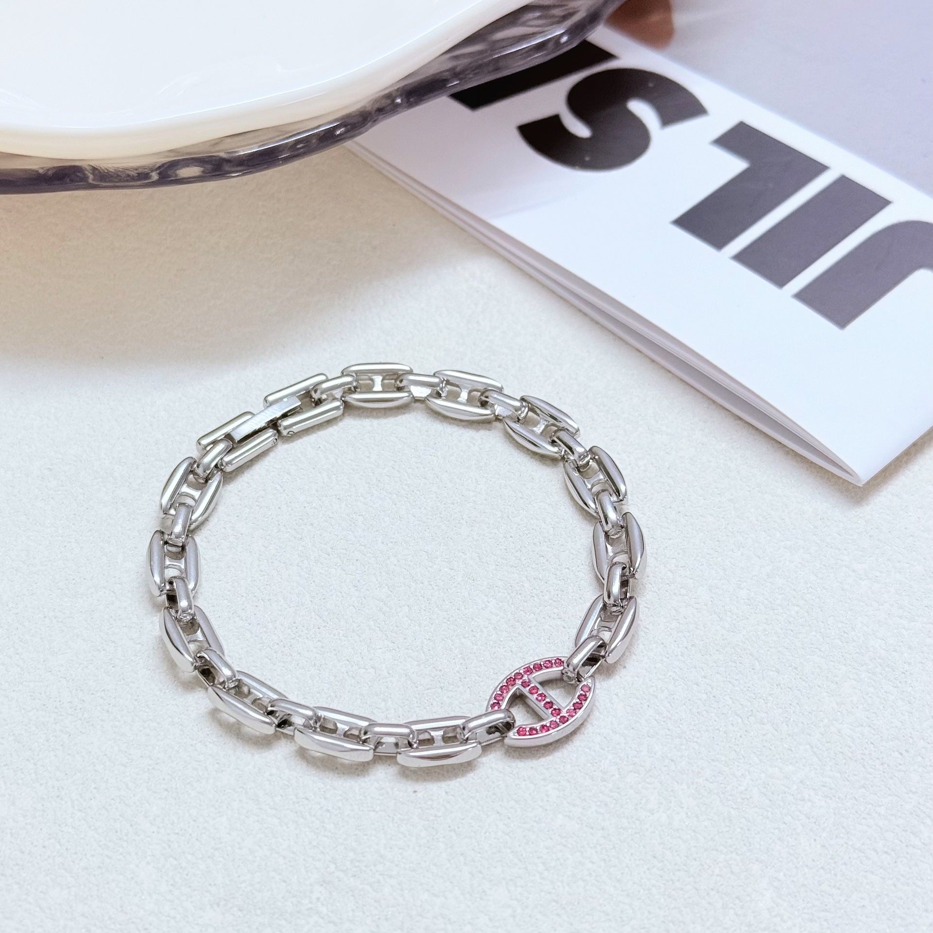 Wholesale Titanium Steel Diamond Encrusted Bracelet with Diamond Studded Tail Chain