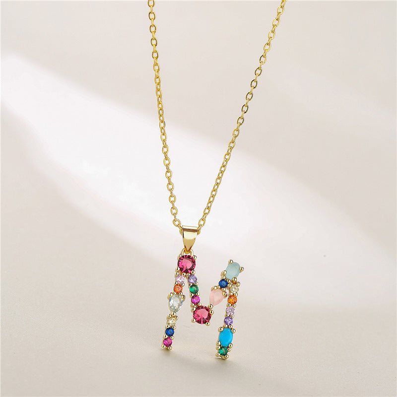 Wholesale 26 English Letters Mixed Color Gemstone Necklace ACC-NE-AoGu007