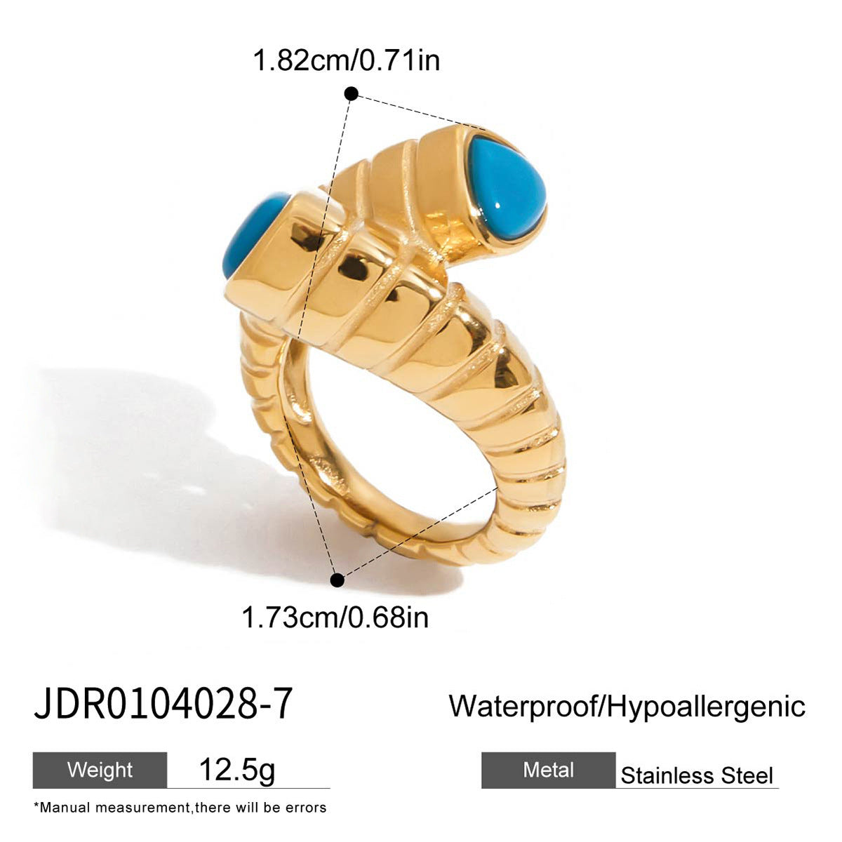 Wholesale 18K gold stainless steel blue turquoise cross ribbed ring