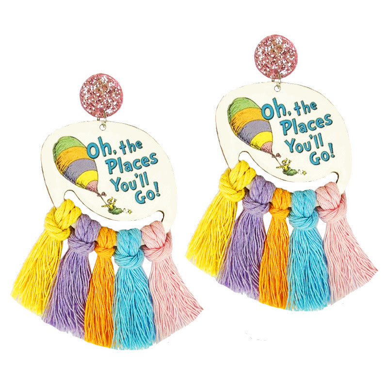 Wholesale 2 Pairs/pack Teacher's Day Colorful Tassel Earrings Hand-woven Multi-color Cute Wood Earrings ACC-ES-HY141