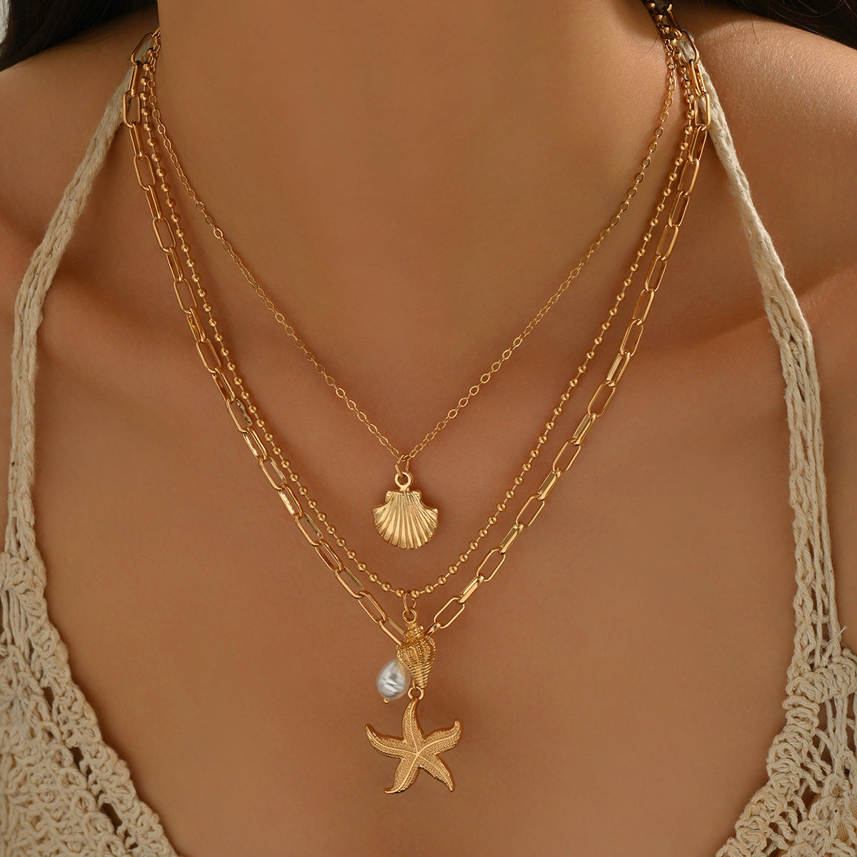 Wholesale Layered Metal Starfish Pendant Necklace