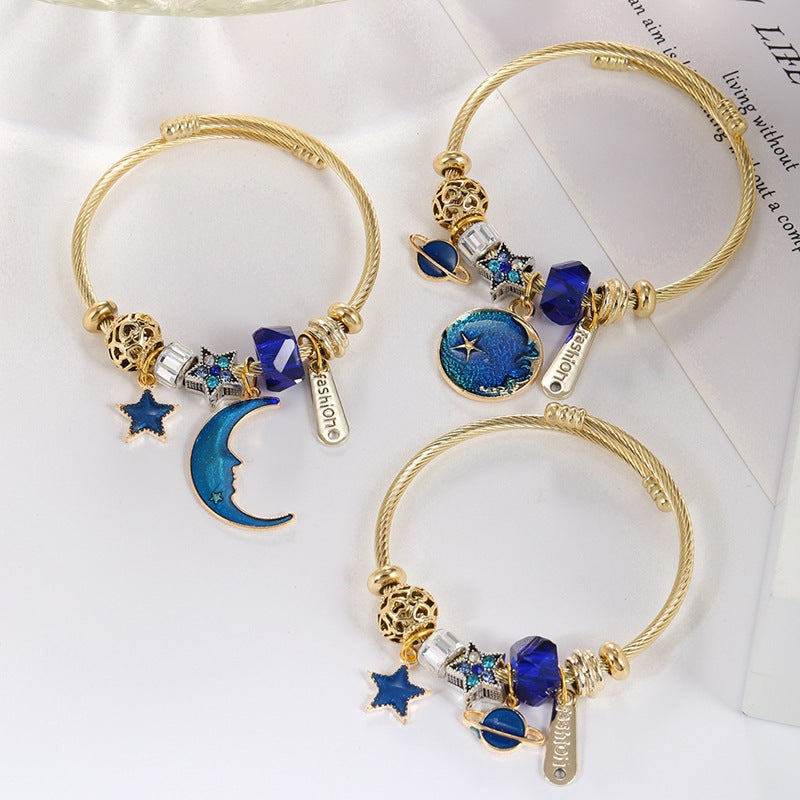 Wholesale Stainless Steel Bracelet Series Star Mosaic Sun Flower Pendant Gold Open Bracelet ACC-BT-Weiy017