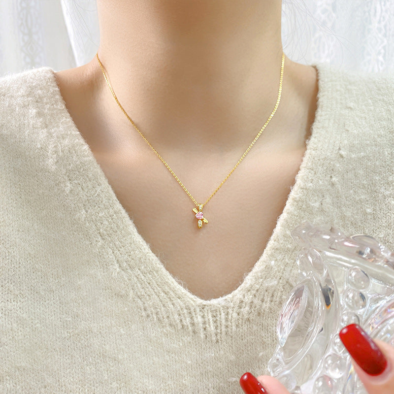 Wholesale  Heart Bow Necklace  S925 Sterling Silver Zircon Pendant Collarbone Chain