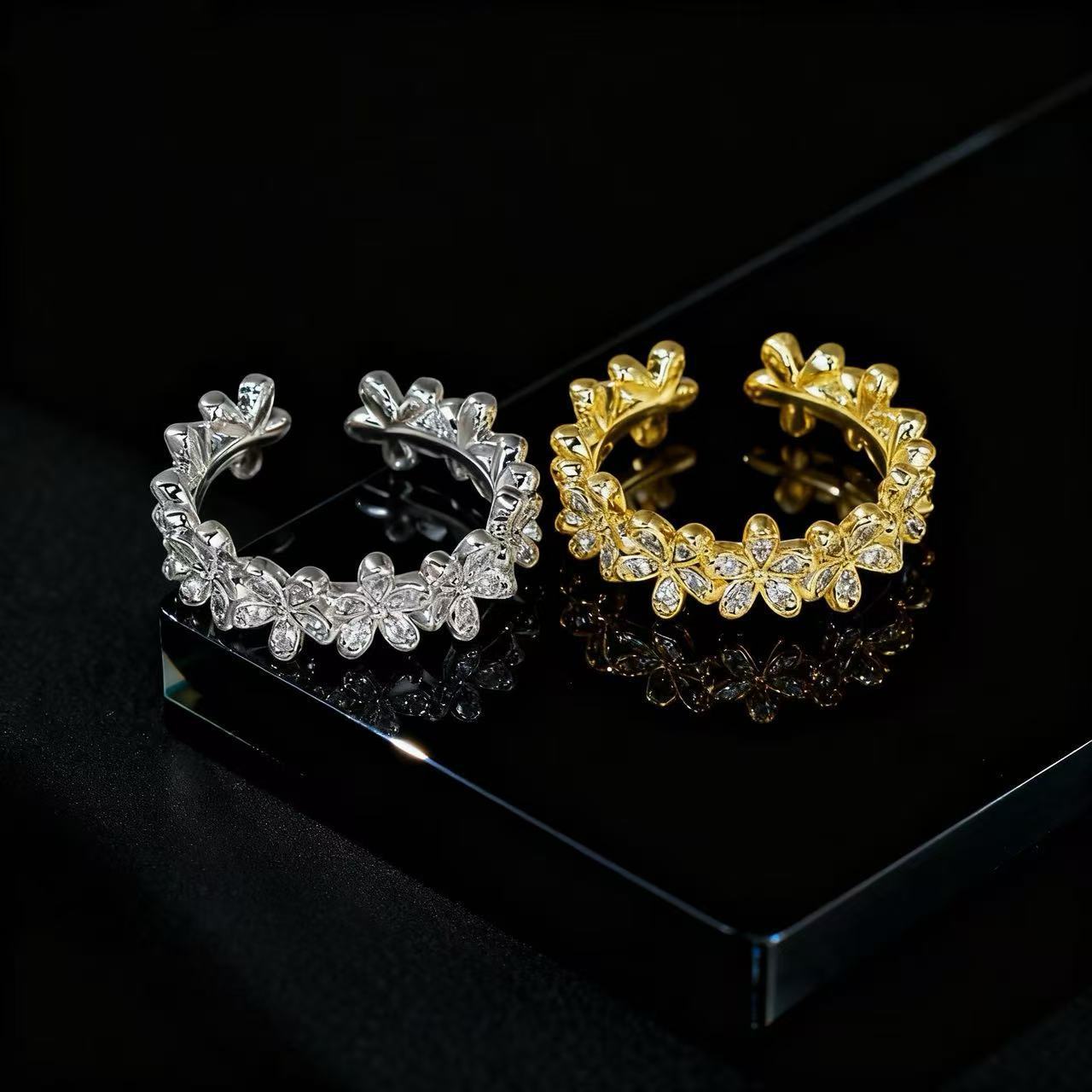 Wholesale Stylish Copper Zircon Flower Ring Open Adjustable Electroplated Women S Fashion Jewelry Accessory
