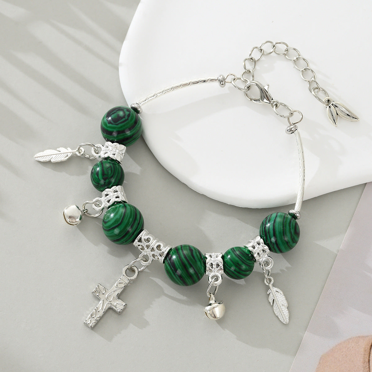 Wholesale Natural turquoise malachite cross bell bracelet