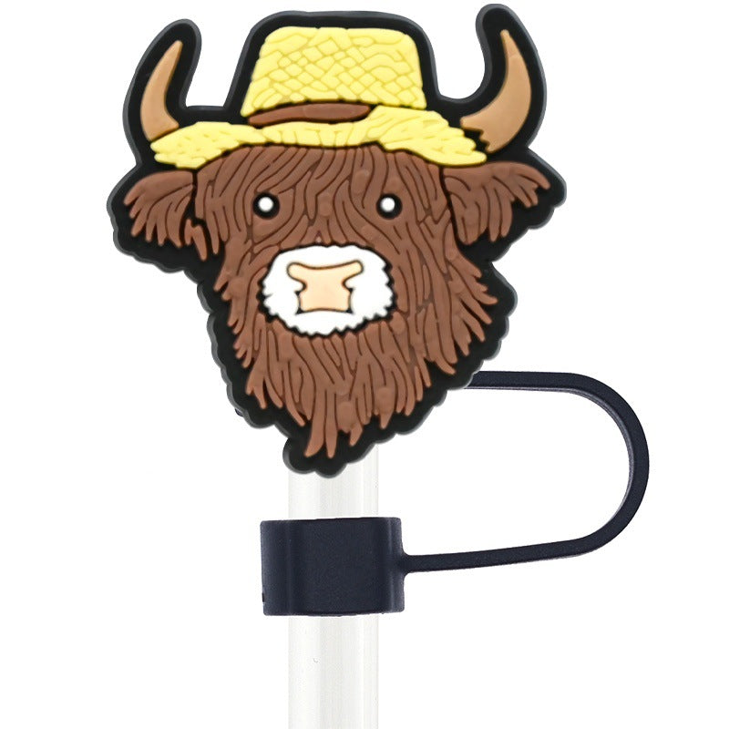 Wholesale Random 100pcs Cartoon Highland Cow  10mm PVC Soft Straw Tube Cap