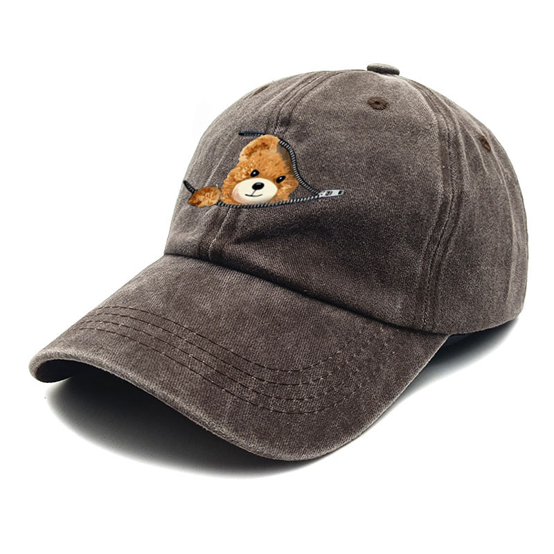 Wholesale Zipper Bear Print Cotton Vintage Washed Baseball Cap Hat