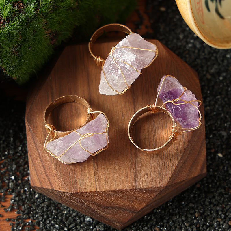 Wholesale Wire Wrapped Natural Amethyst Ring Rough Stone Crystal Jewelry Fashion Accessory Everyday Wear Gift And Boutique Resale