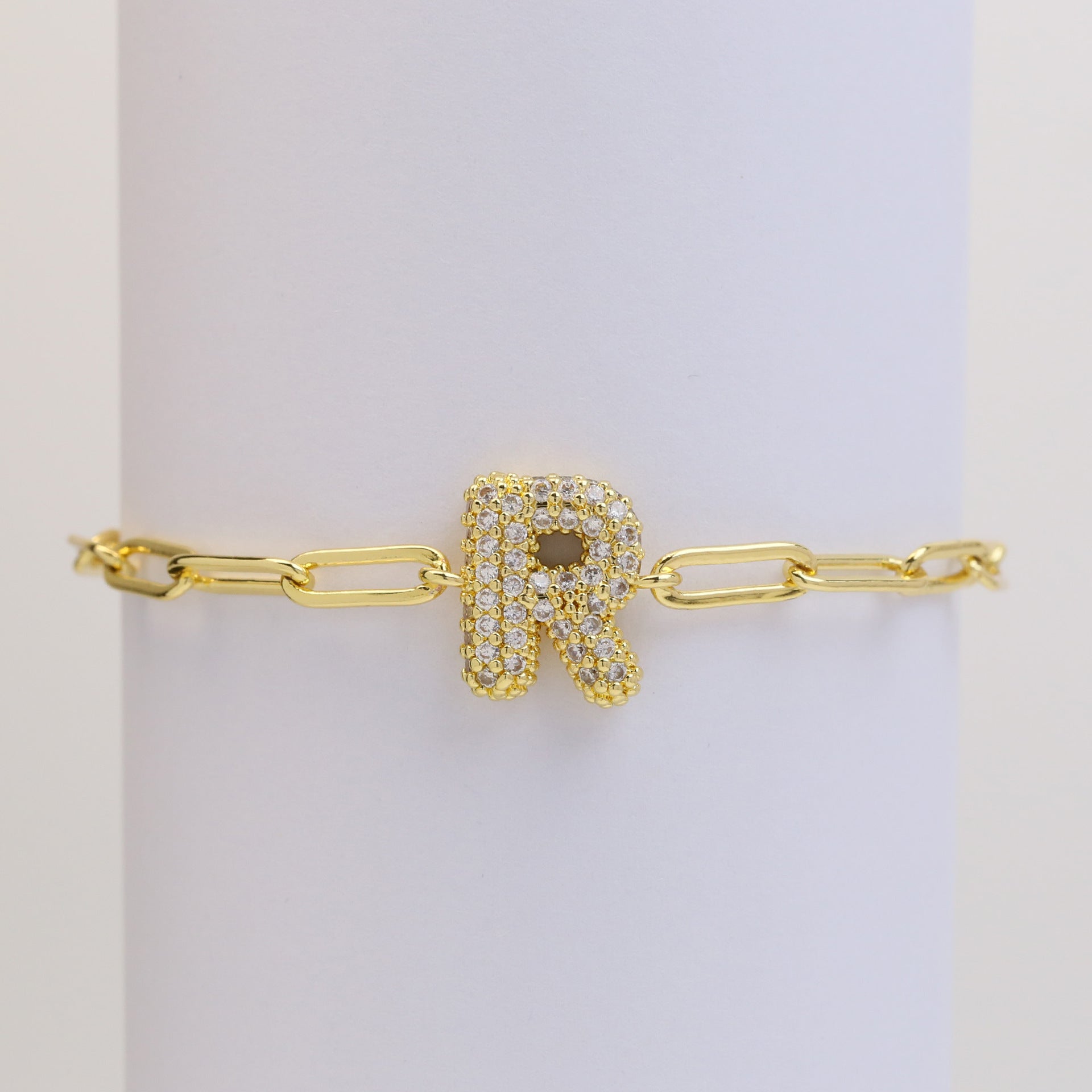 Wholesale 18k Bubble Balloon Diamond 26 Letter Paper Clip Adjustment Bracelet ACC-BT-BaiYi001