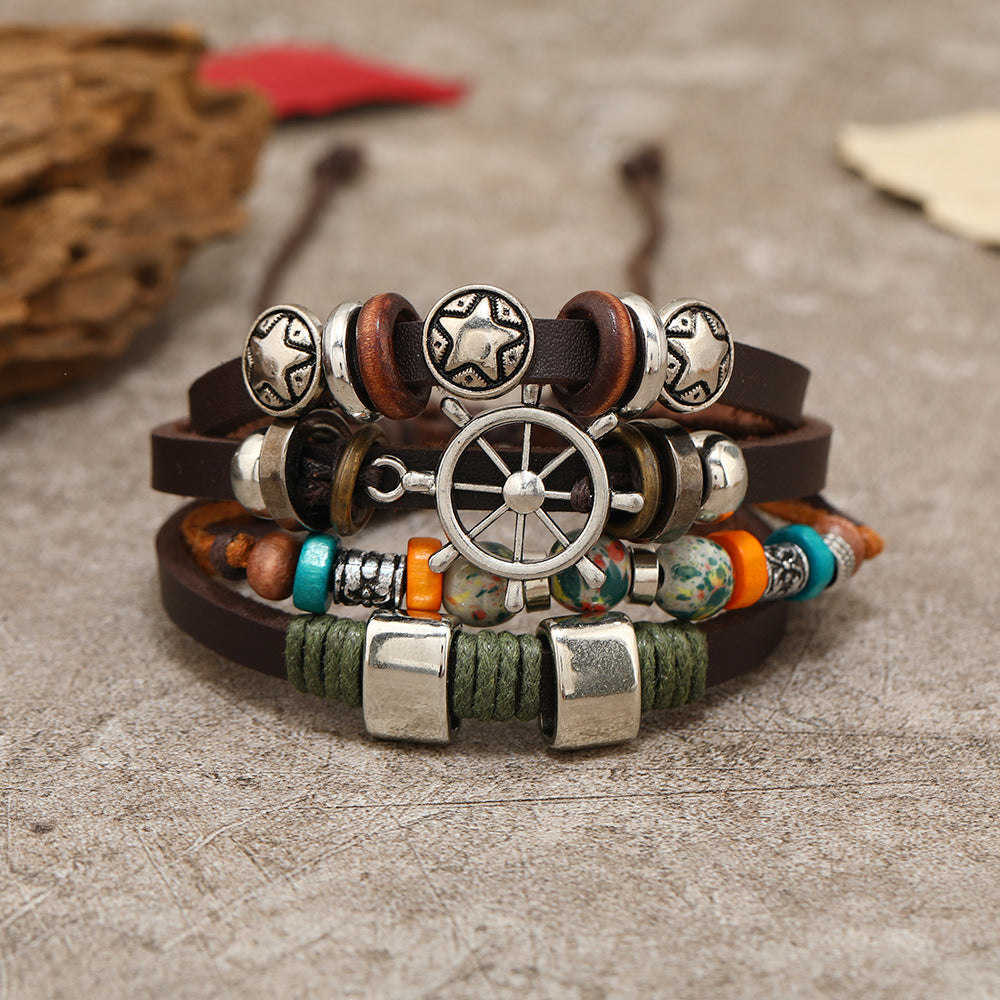 Wholesale 2PCS Leather Ethnic Style Multi-Layer Bracelet