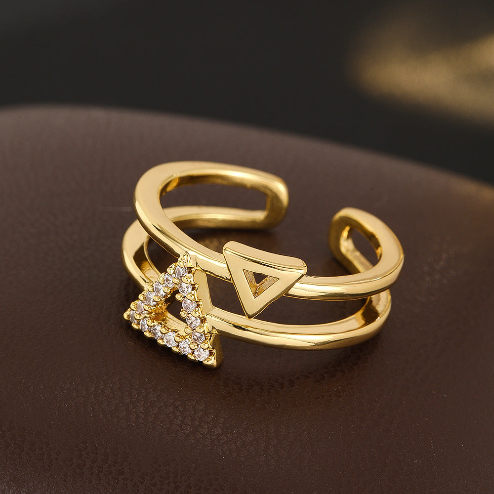 Wholesale Trendy Double Layer Geometric Open Ring Triangle Hollow Design Gold Copper Zircon Women S Everyday Jewelry