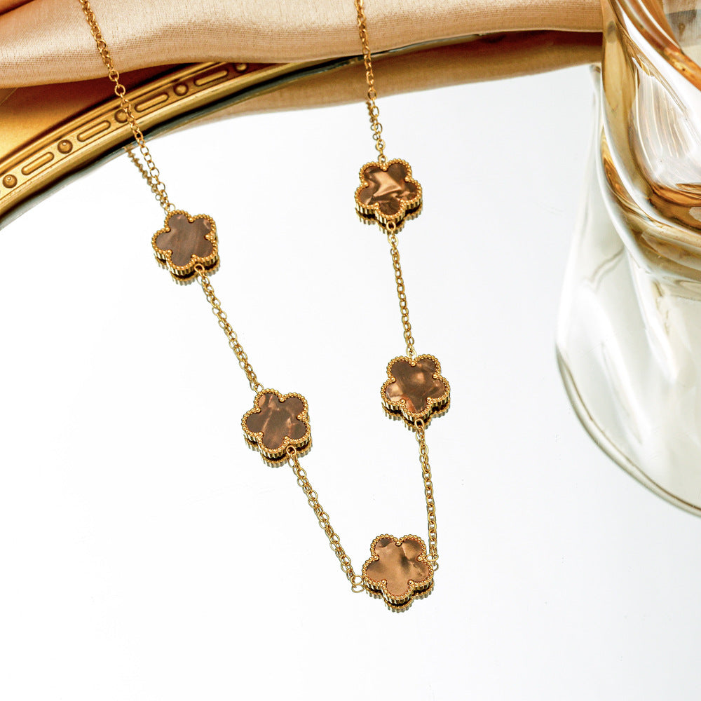 Wholesale Five Leaf Clover Pendant Necklace Pink Gradient Stainless Steel Jewelry Accessory