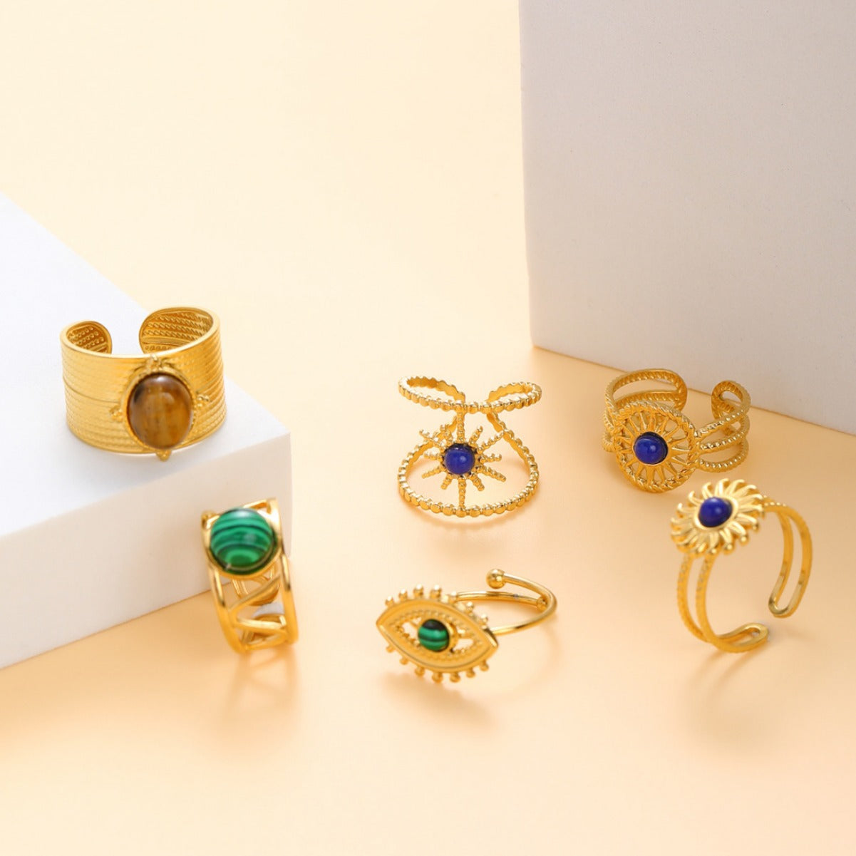 Wholesale 18k Gold Plated Tiger Eye Turquoise Stainless Steel Rings ACC-RS-MuC016