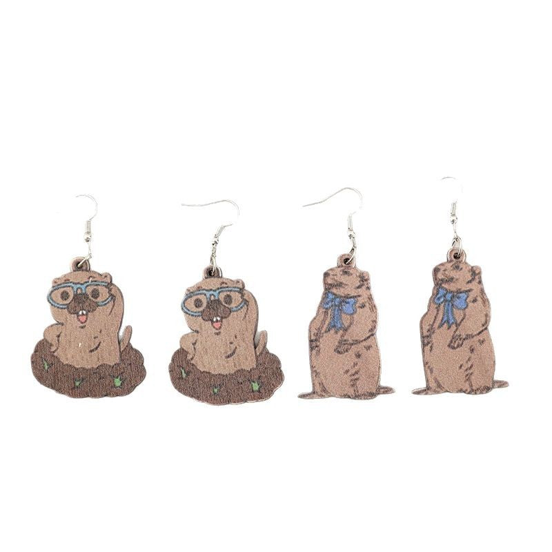 Wholesale Retro Cute Glasses Groundhog Bow Wooden Creative Earrings