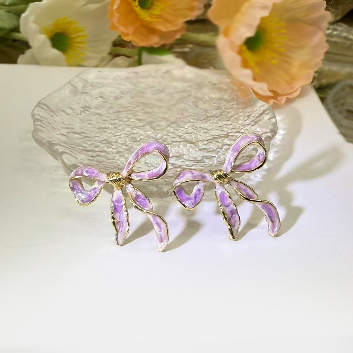 Wholesale elegant enamel colored brushed bow earrings