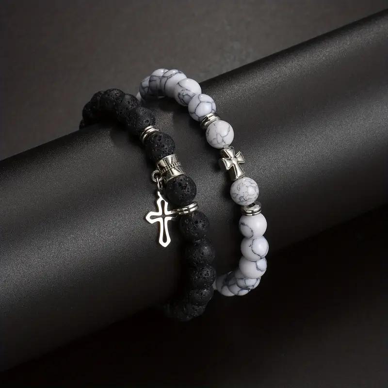 Wholesale Natural Stone Couple Bracelet Set With Cross Pendant Fashion Elastic Bead Bracelets Wedding Gift Boutique Resale