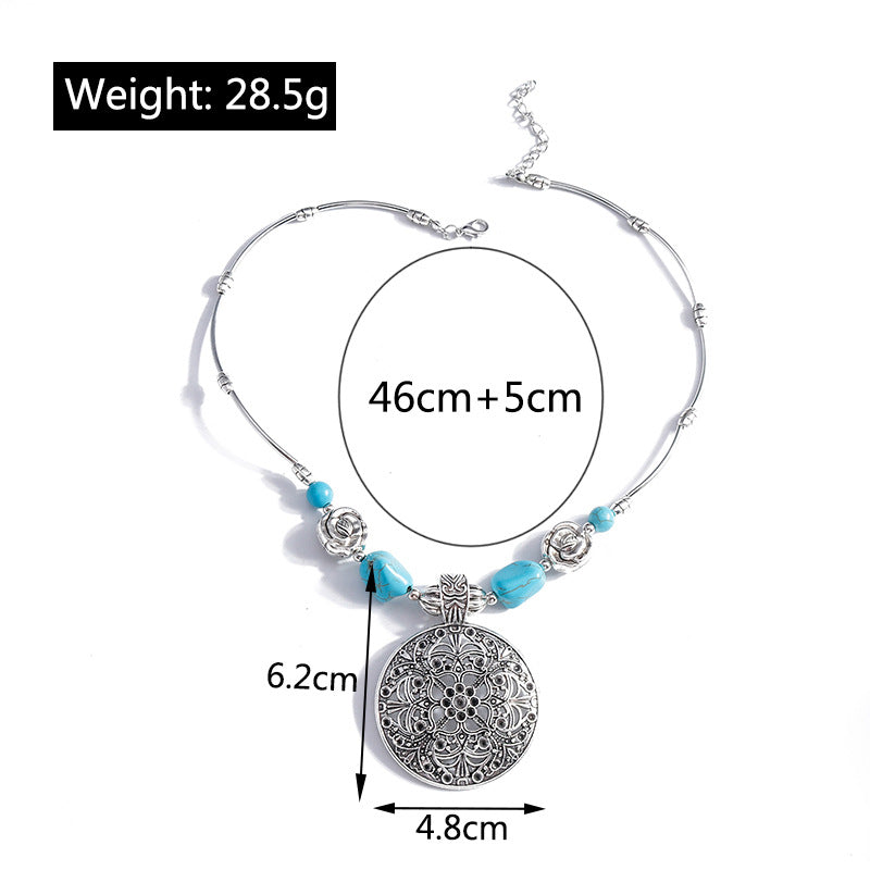 Wholesale Silver-Tone Alloy Vintage Ethnic Hollowed Turquoise Pendant Necklace,  Jewelry Accessory