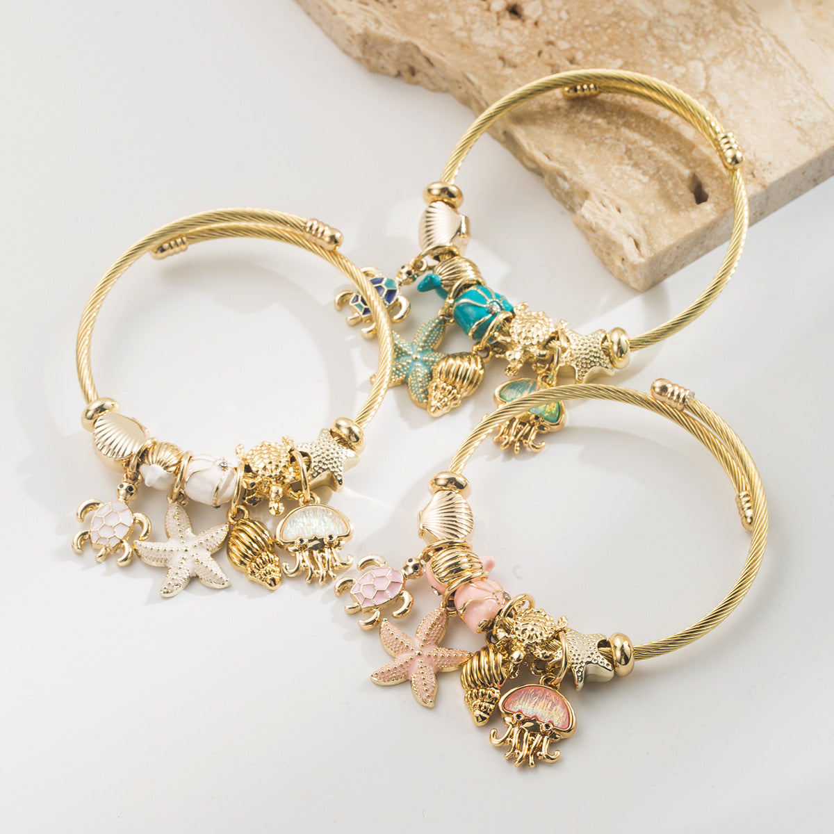 Wholesale Stainless Steel Sea Life Pendant Bracelet Blue Ocean Starfish Turtle Conch Jellyfish Charms Everyday Jewelry Accessory Gift