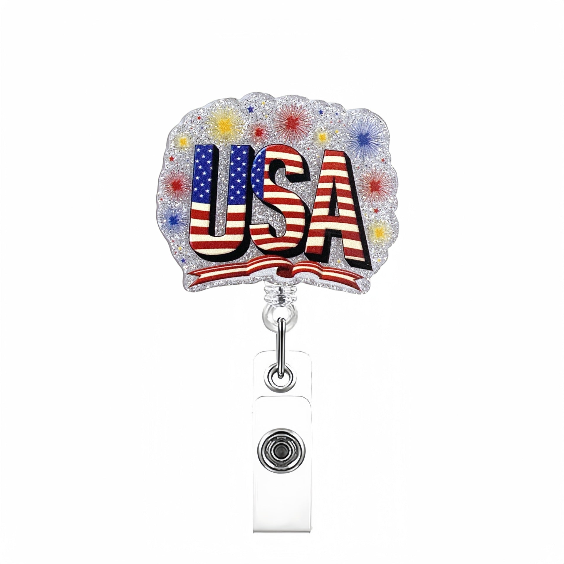 Wholesale Acrylic Glitter Independence Day Badge Reels Keychains