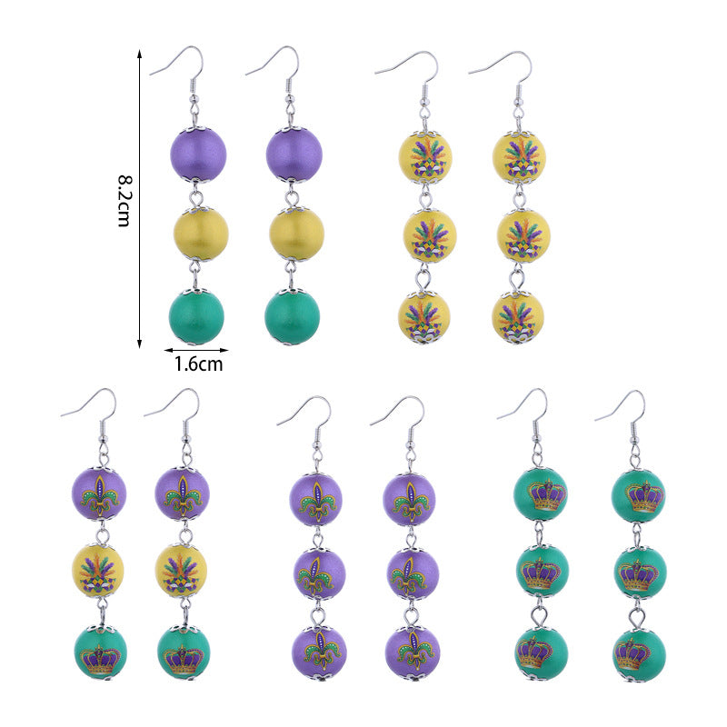 Wholesale Mardi Gras Earrings Purple Yellow Green Tricolor Beaded Long Earrings