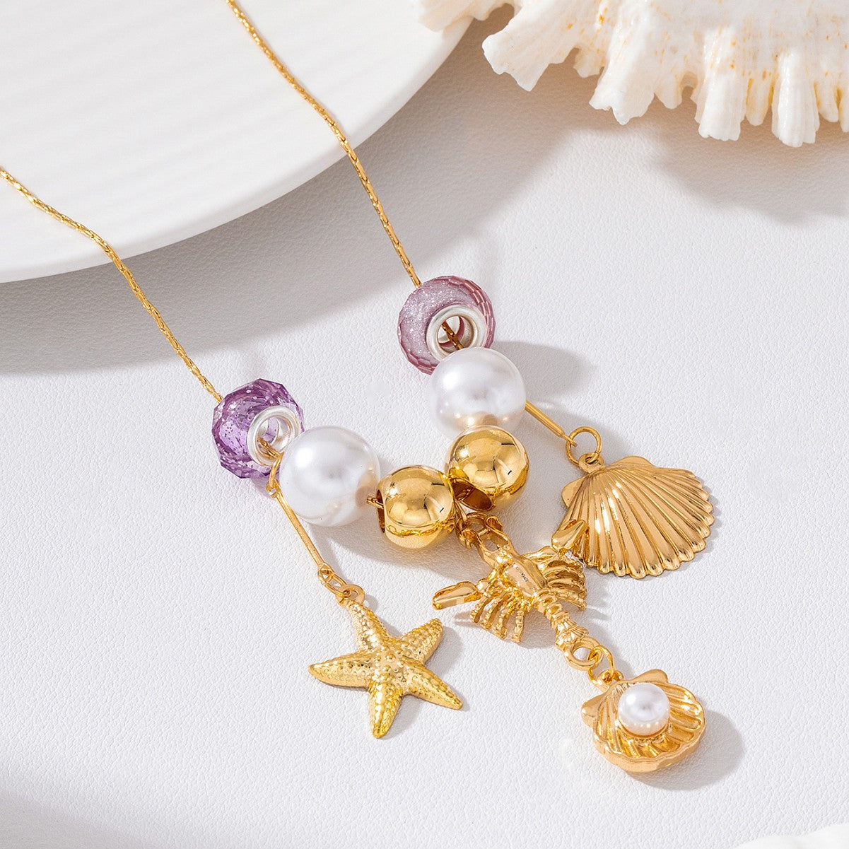Wholesale Beach Vacation Starfish Seashell Pearl Necklace Purple Beaded Ocean Pendant Choker Fashion Jewelry Accessory Women Gift Boutique Resale