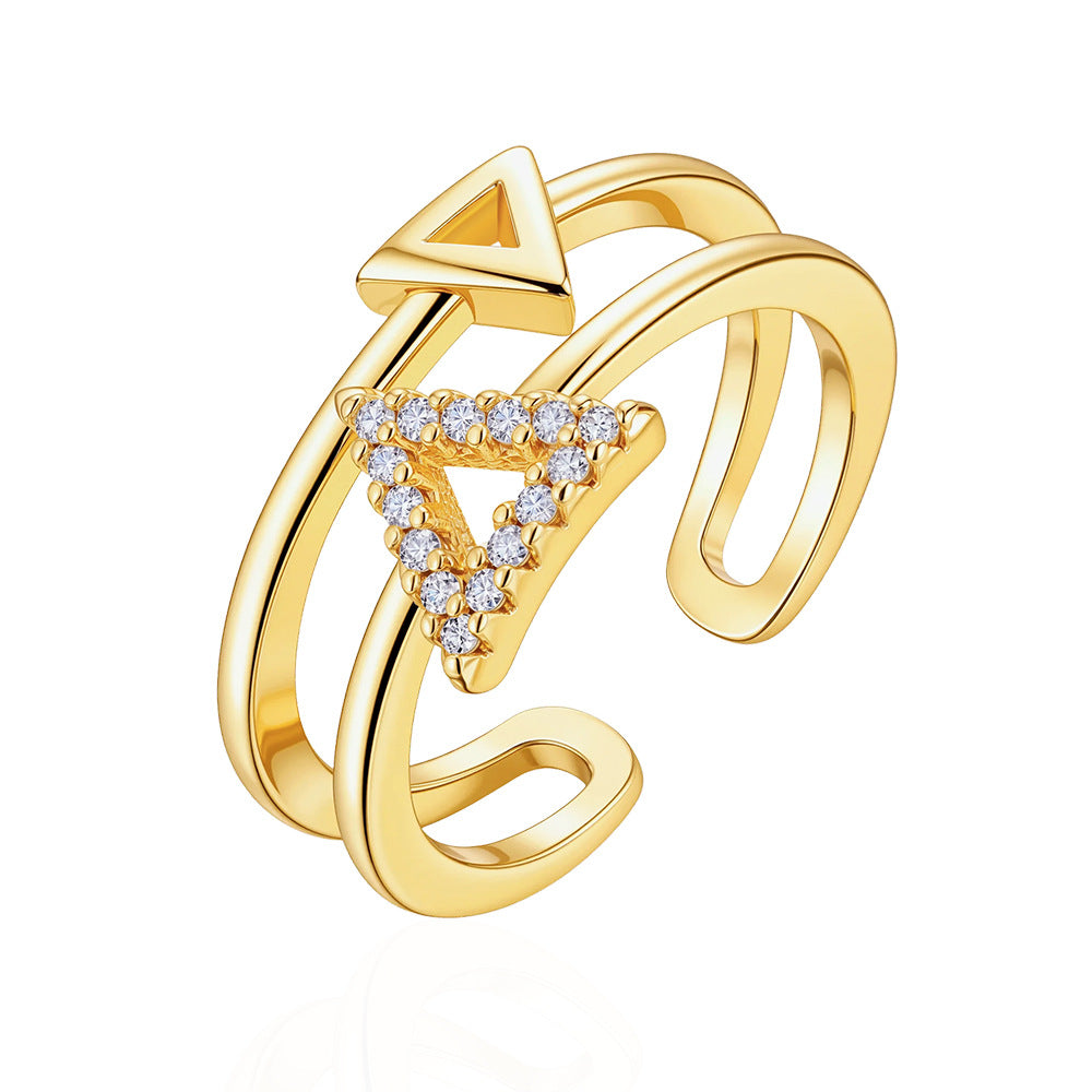 Wholesale Trendy Double Layer Geometric Open Ring Triangle Hollow Design Gold Copper Zircon Women S Everyday Jewelry