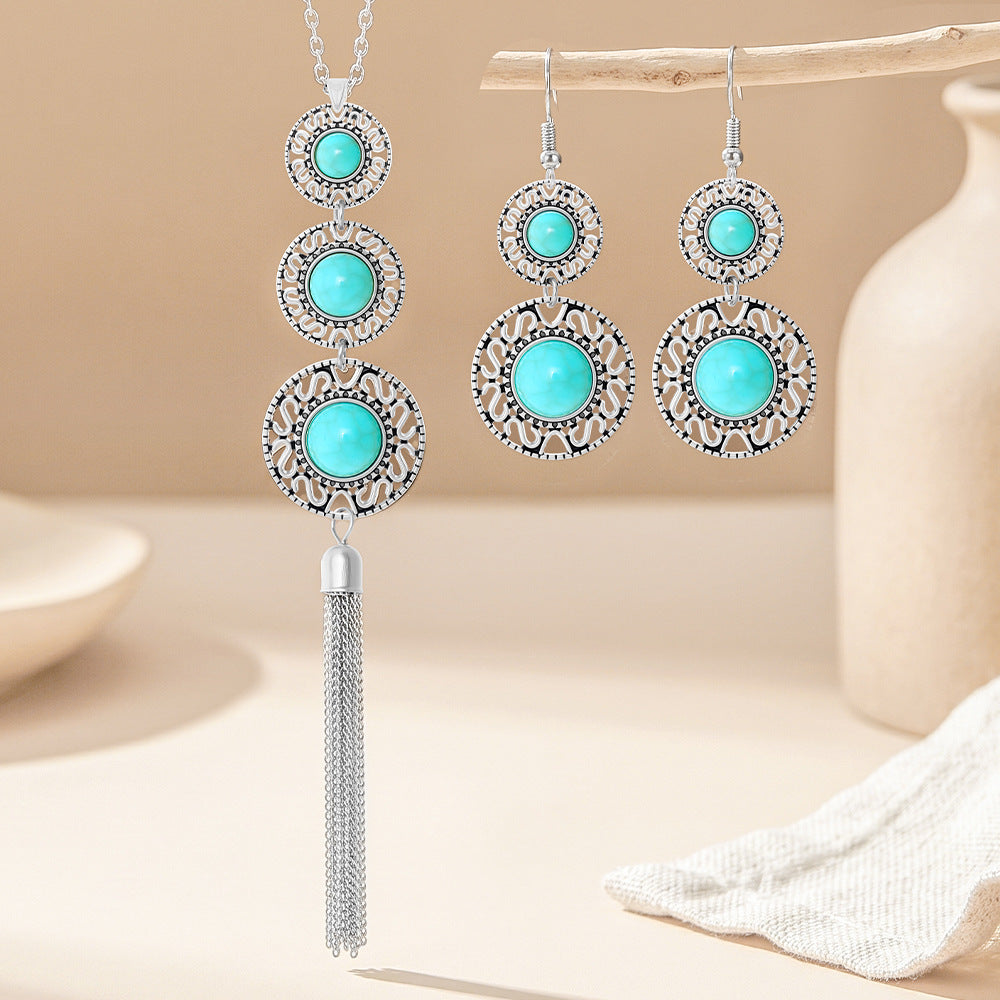 Wholesale Turquoise Ethnic Geometric Long Necklace &  Earrings Set - Boutique Jewelry Accessory