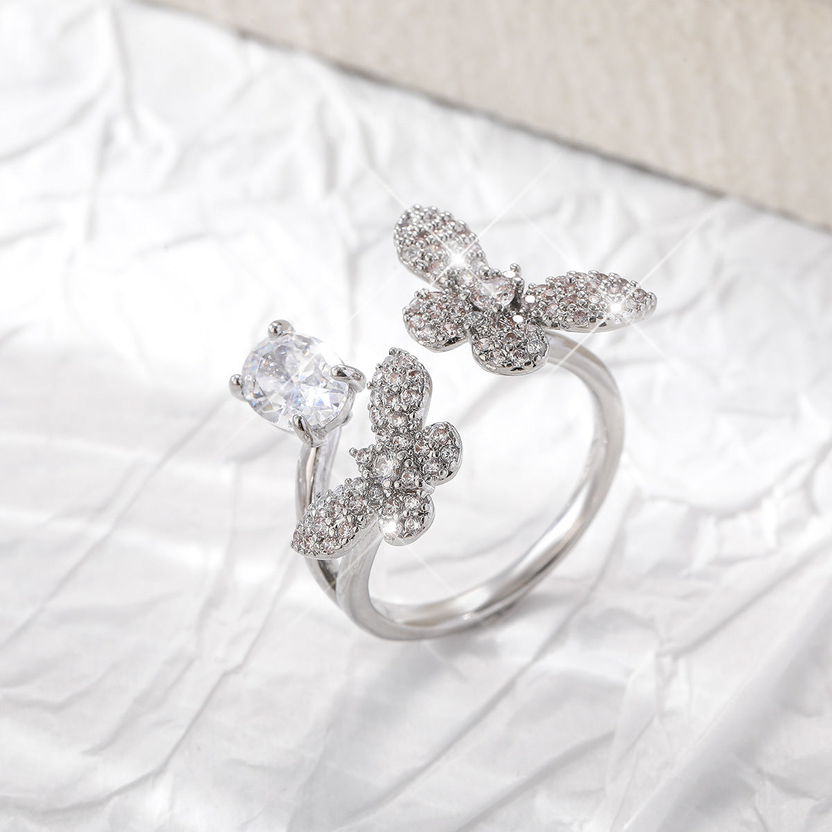 Wholesale Butterfly copper open inlaid zircon ring Adjustable rings