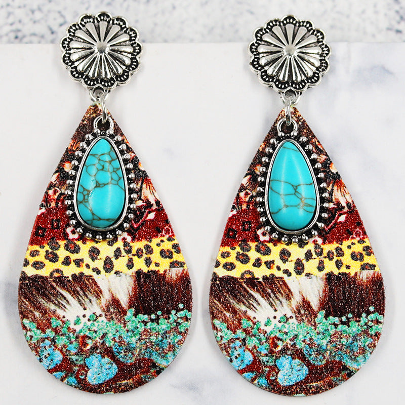 Wholesale Drop-type leather earrings turquoise pendant retro ethnic style fashion earrings
