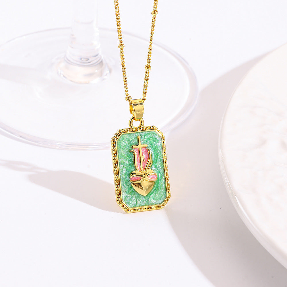 Wholesale square color dripping copper love conch shell eye moon jellyfish tarot pendant necklace