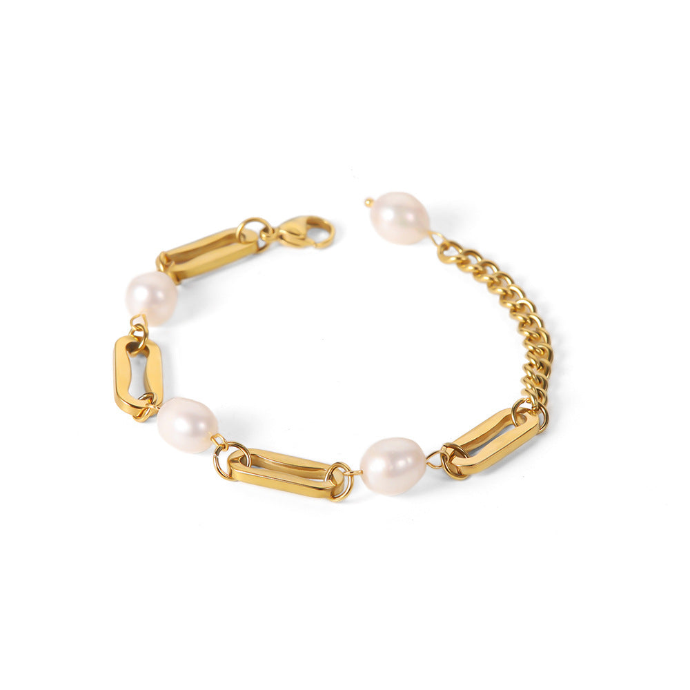 Wholesale 18K Gold Plated Stainless Steel Baroque Freshwater Pearl Bracelet ACC-BT-WanX003