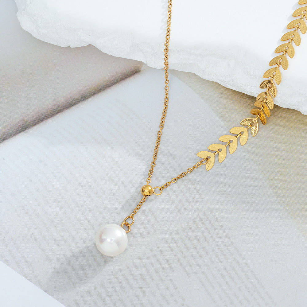 Wholesale Titanium Steel Asymmetric Wheat Pearl Clavicle Chain Necklace,  Fashion Jewelry Gift for Boutique Resale