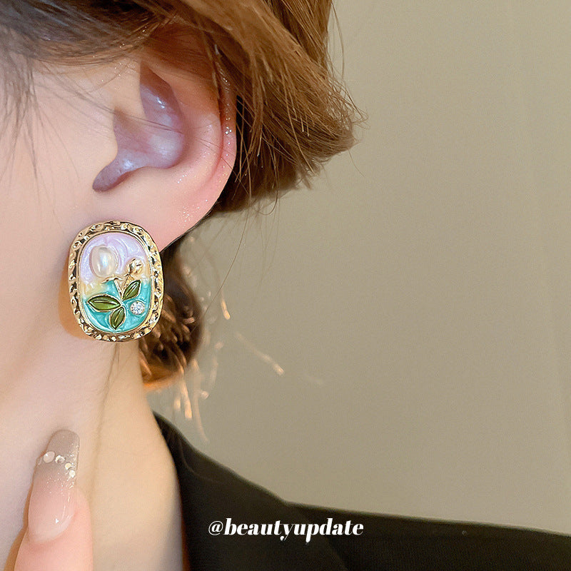 Wholesale Silver Needle Oval Flower Pearl Monet Garden Earrings