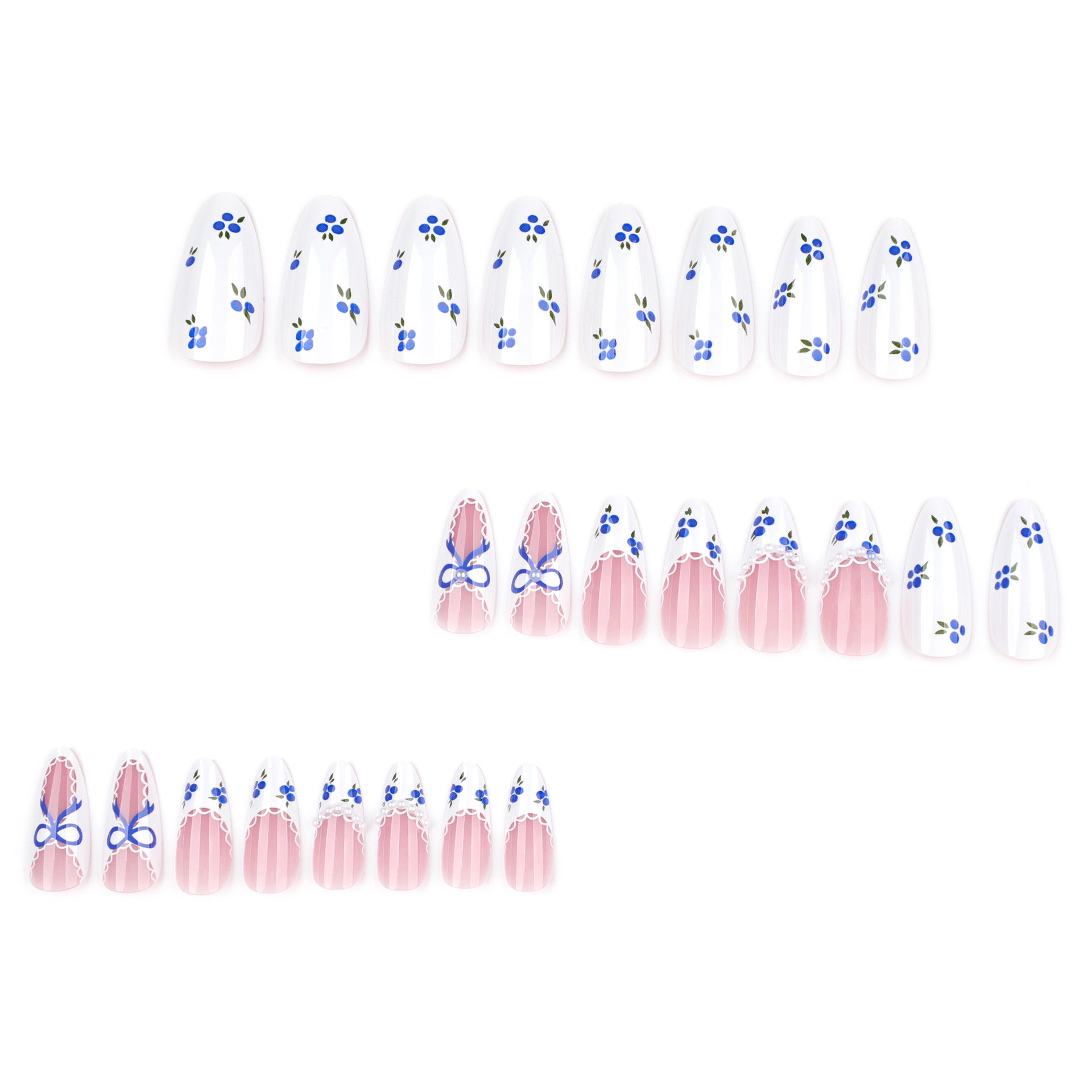 Wholesale 24 Pieces/box Blue and White Contrast Bow Nails Kits Nail Stickers