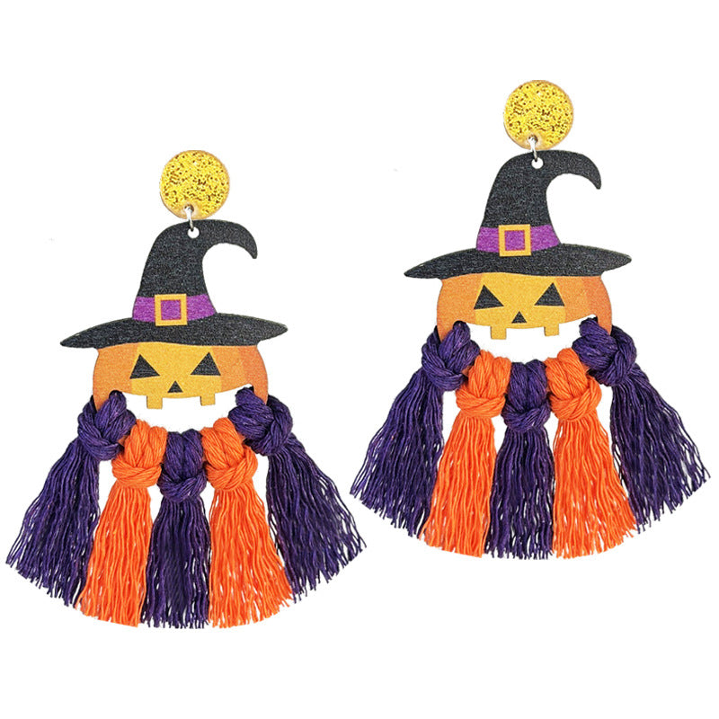 Wholesale 2 Pairs/pack Halloween Hand-woven Pumpkin Bat Ghost Spider Wood Earrings ACC-ES-HY142