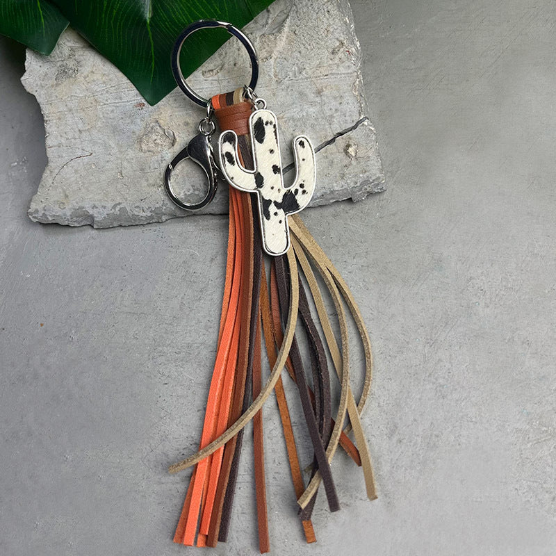 Wholesale 2pcs/pack Western Style Cactus Tassel Genuine Leather Horse Hair Keychain ACC-KC-HY016