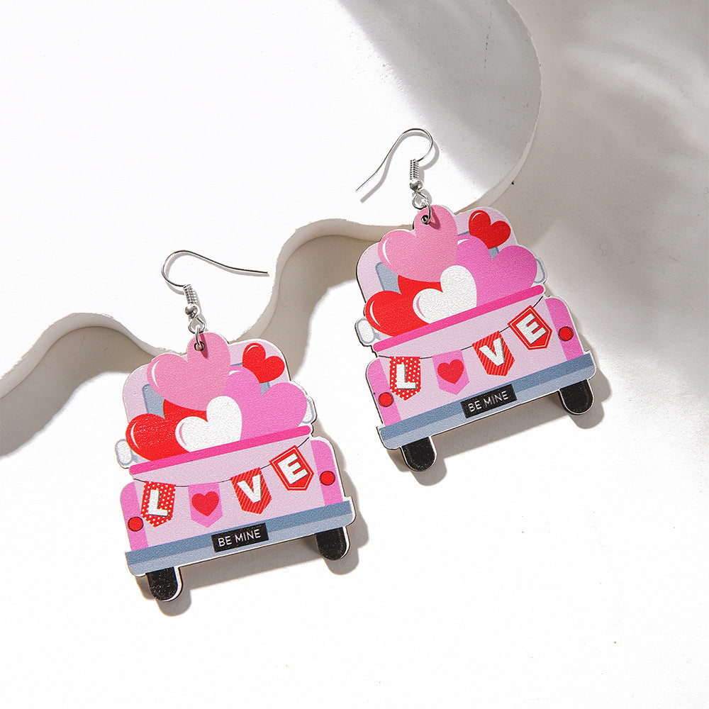 Wholesale Cute Pink Wood Printed Valentine's Day Earrings